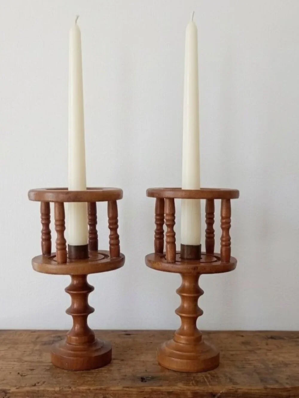 Vintage Turned Wood Candle Holder Pair Cage Spindle Taper Rustic Farmhouse MCM